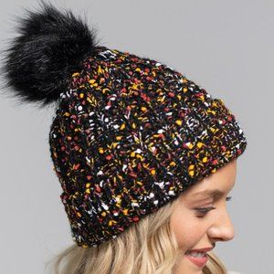 🆕 Black & Multicolor Confetti Knit Beanie w/ Faux Fur Pom-Pom 🆕
